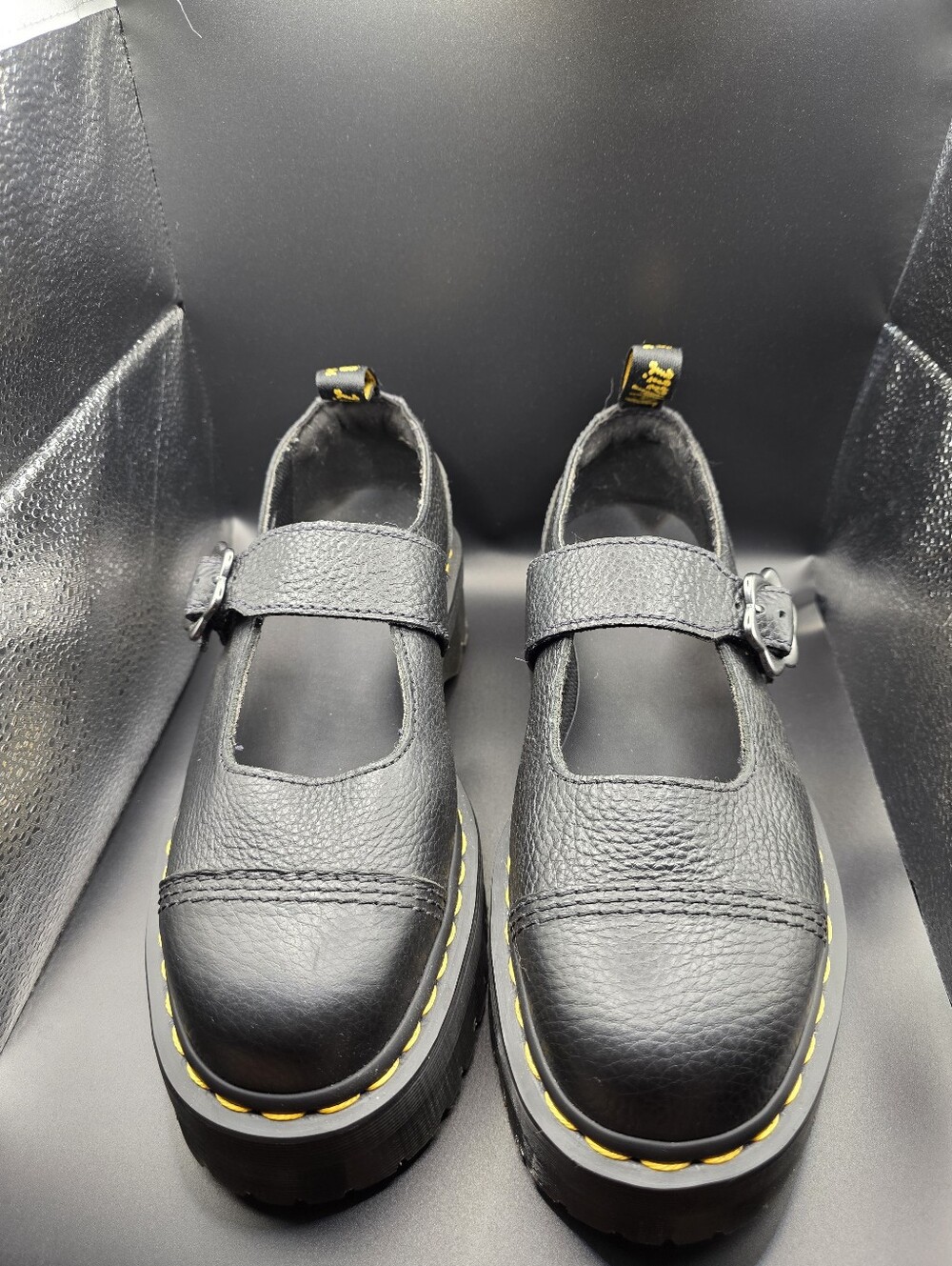 Dr. Martens Black Addina Flower Mary Jane Platform Shoes with Yellow Stitching - Picture 1 of 8